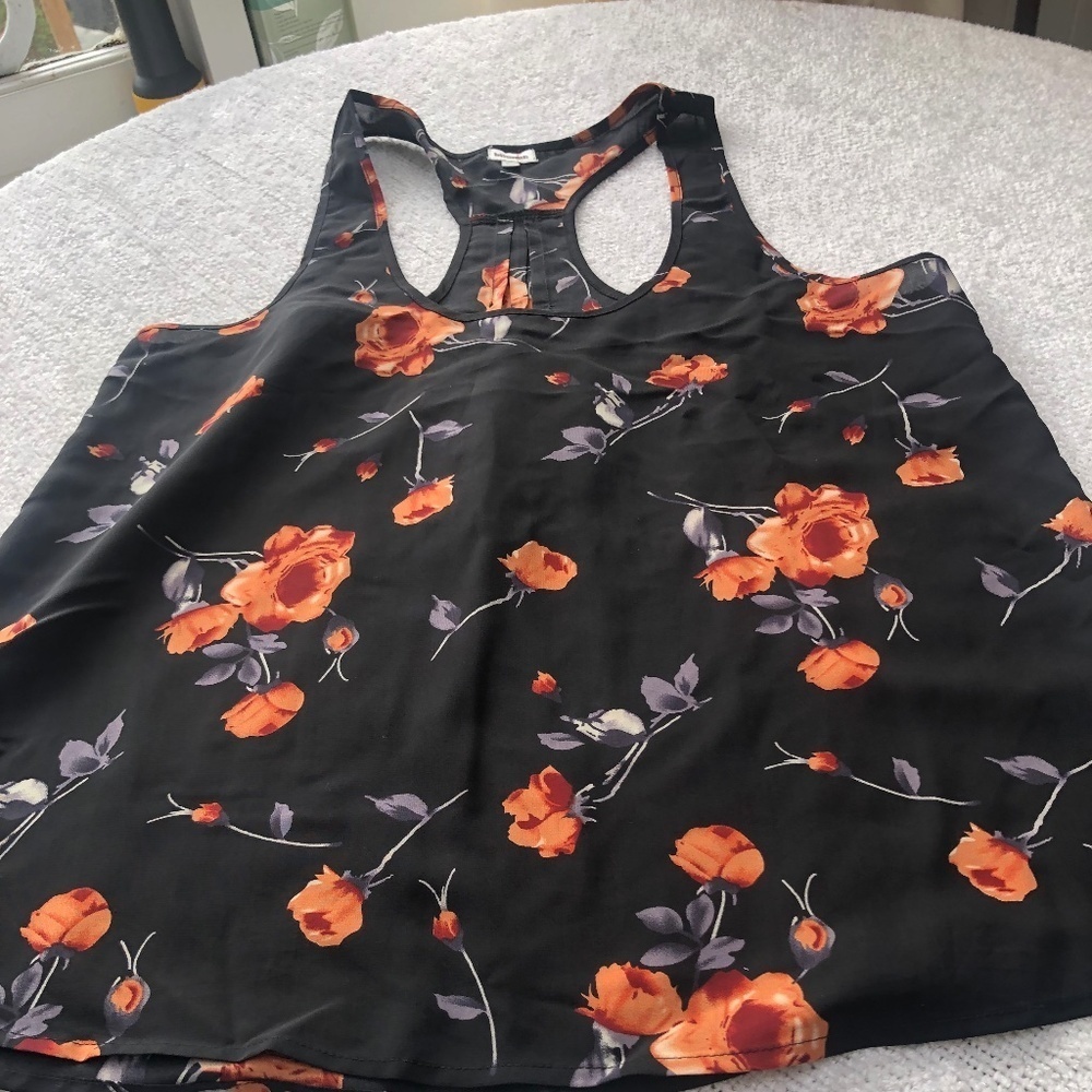 Kismet size medium sleeveless blouse, black with orange flowers- new or like new